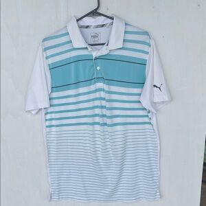 Puma Men's Aqua and White Striped Polo Shirt EUC SZ M